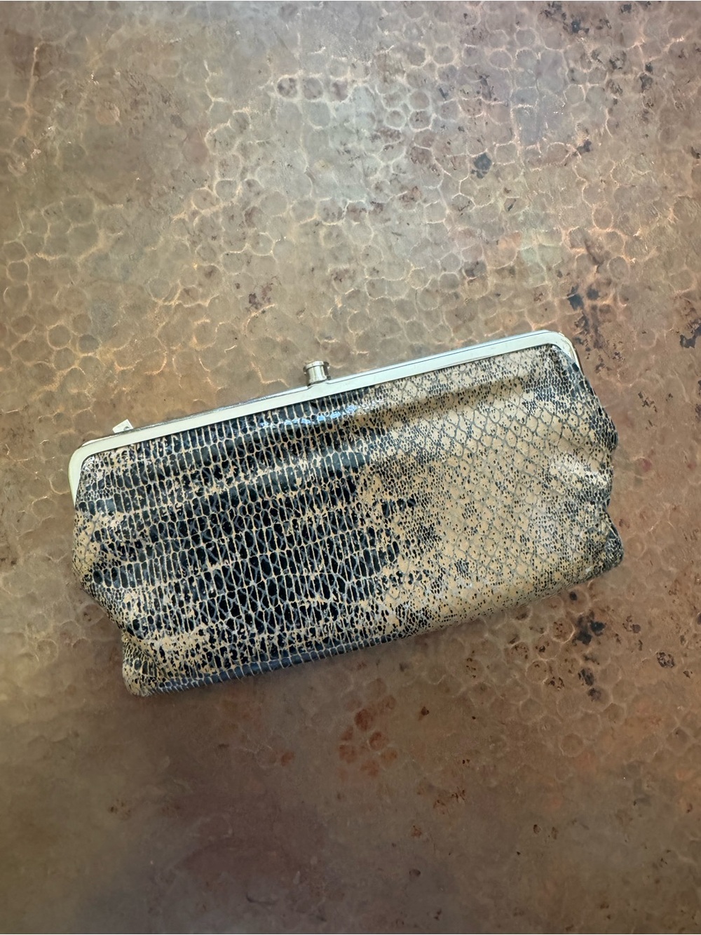 Hobo Lauren Clutch Wallet in Textured Snake-Print in Beige and Black.